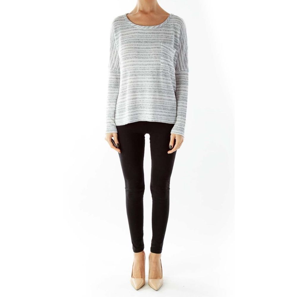 NWOT Sparkle & Fade Gray Striped Pocketed Loose Knit Top - Picture 2 of 5